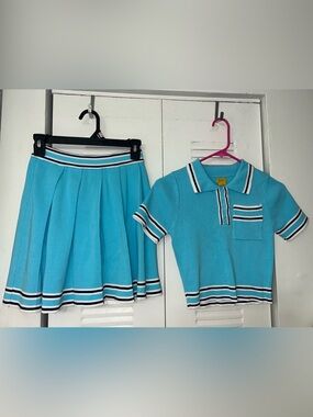 Aqua Blue Knit Polo Top & Pleated Skirt Set